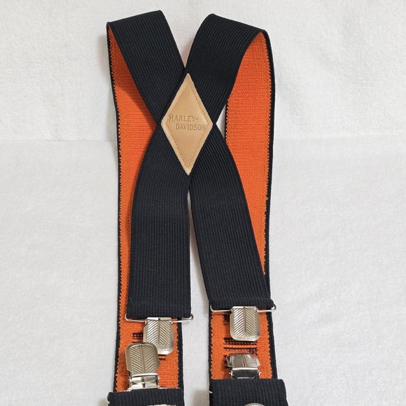 VTG Harley Davidson Suspenders Adj Black Orange HD Logo Leather Back ID Patch - Picture 14 of 14